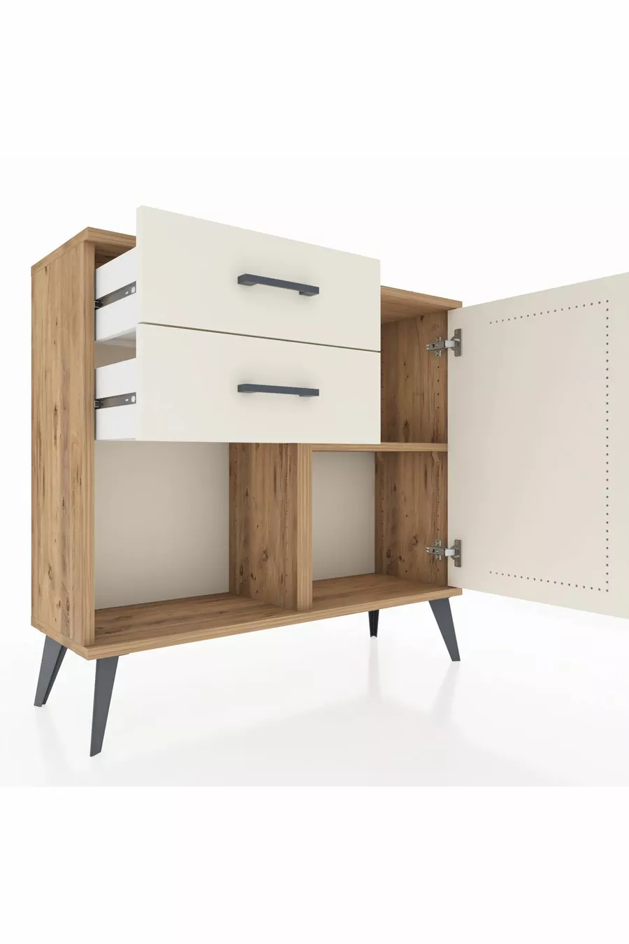 Commode Arges à une étagère, 2 tiroirs et une porte, pin et pierre de l'ay