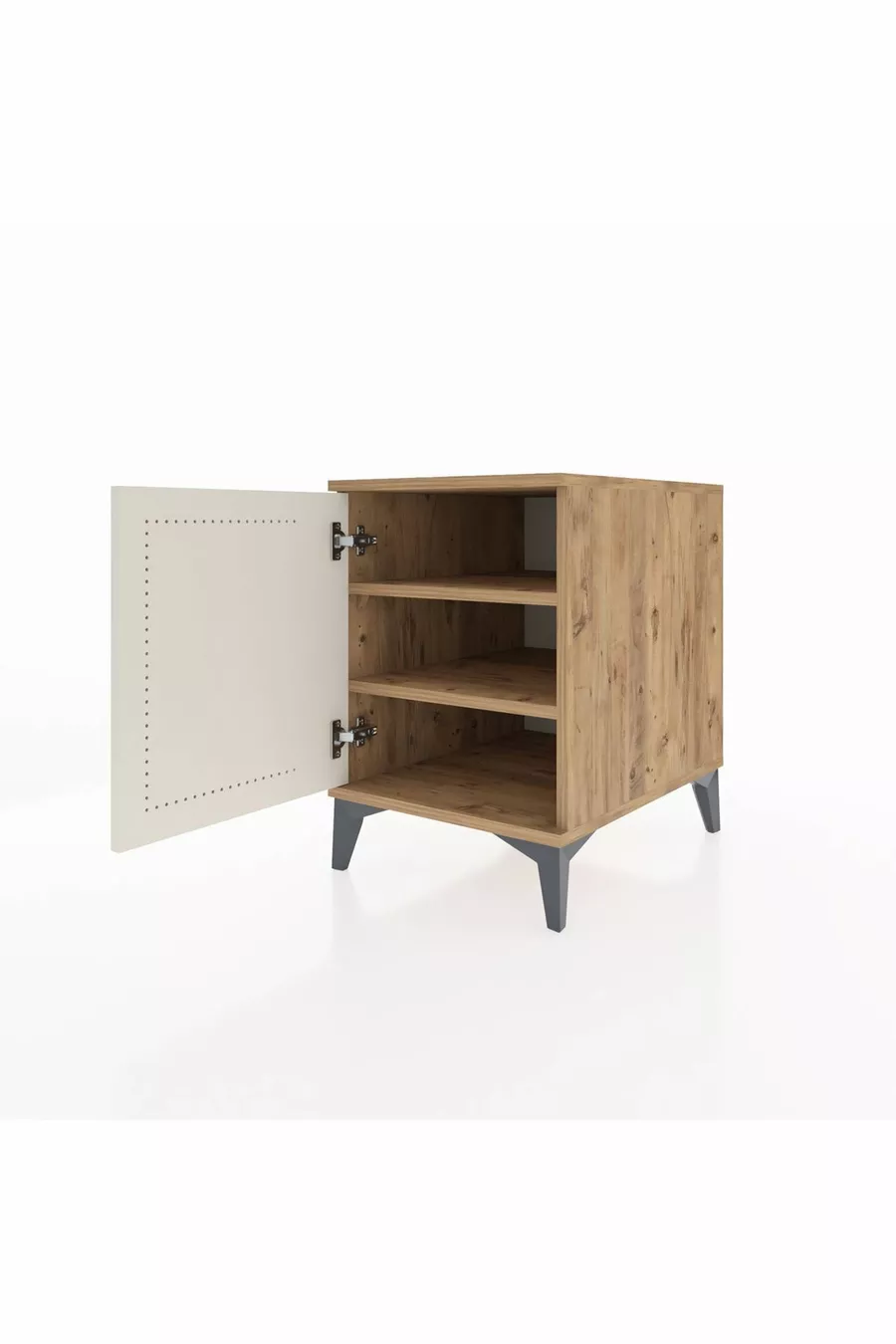 Table de chevet Kronos à 2 étagères avec 1 porte, pin-pierre d'onyx