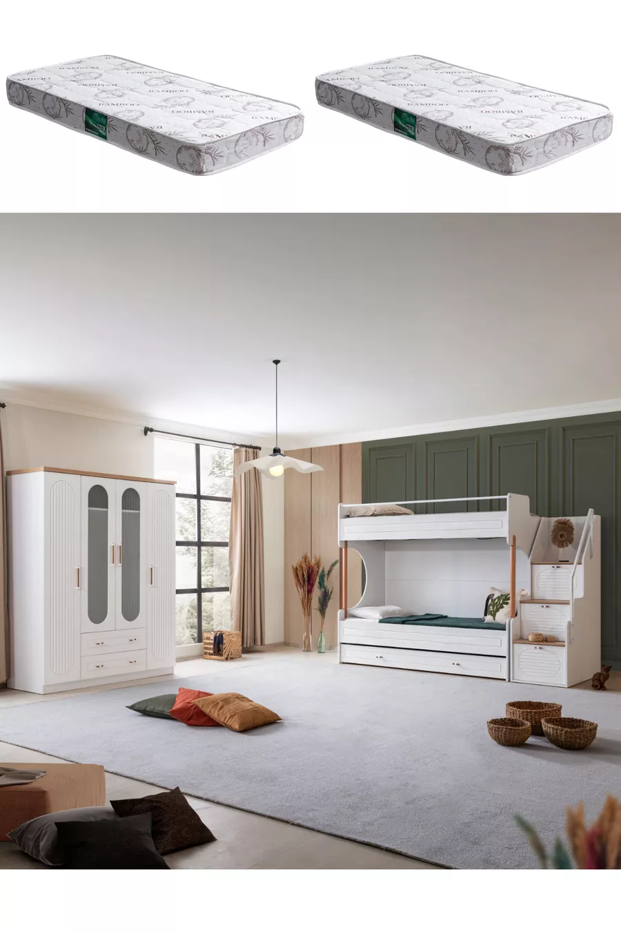 Lit superposé Ranza, lit superposé Vita Bohem avec tiroirs blanc, armoire à 4 portes, 2 matelas Comfort