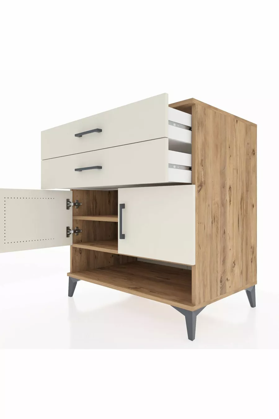 Commode Kronos avec 2 étagères, 2 tiroirs et 2 portes, en pin et pierre de lune
