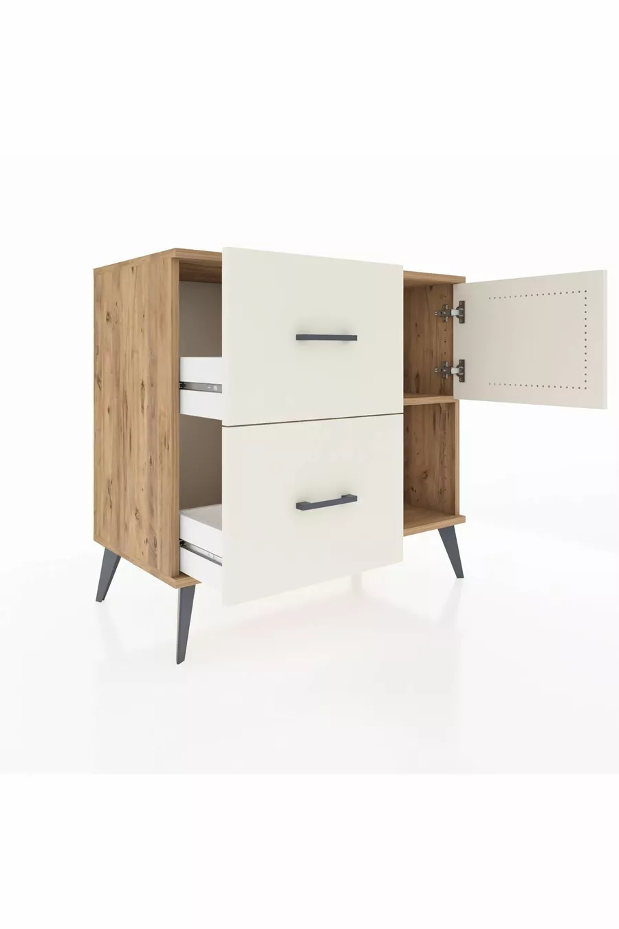 Commode Hyperion à une étagère, 2 tiroirs et une porte, pin et pierre de l'ayat