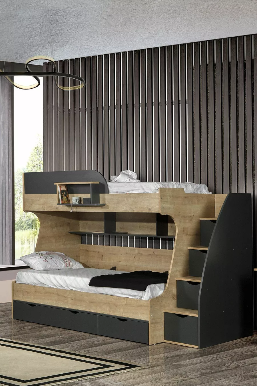 Lit superposé Ranza, lit superposé Truva avec tiroirs, 2 matelas Comfort