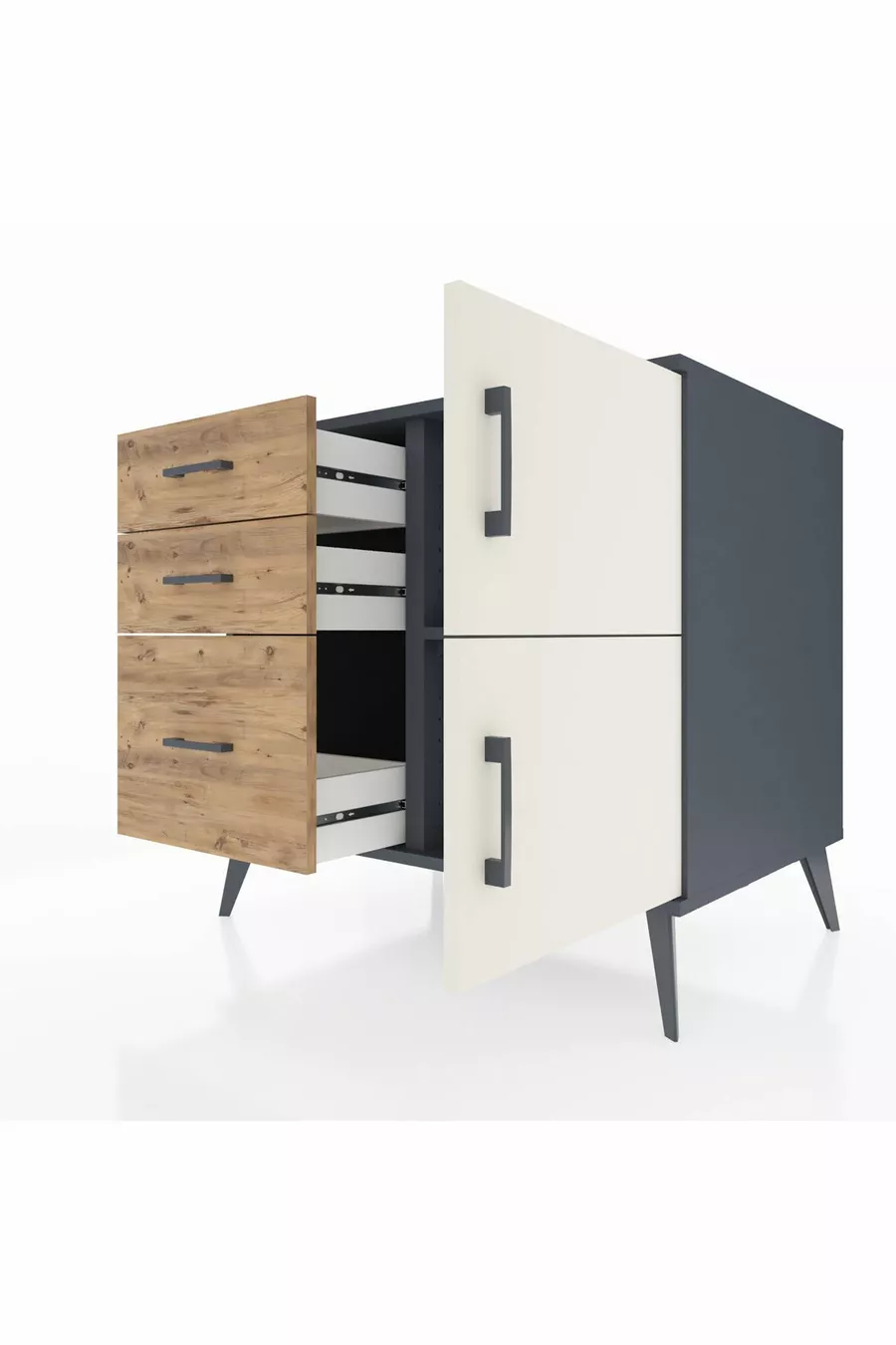 Commode Kronos à une étagère, 3 tiroirs, 2 portes, anthracite-pierre grise/pin
