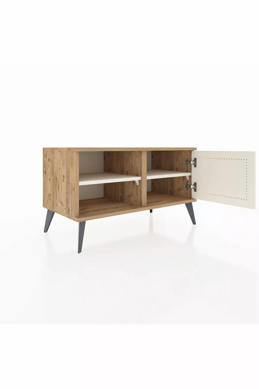 Commode Hyperion à 2 étagères avec porte unique en pin et travertin
