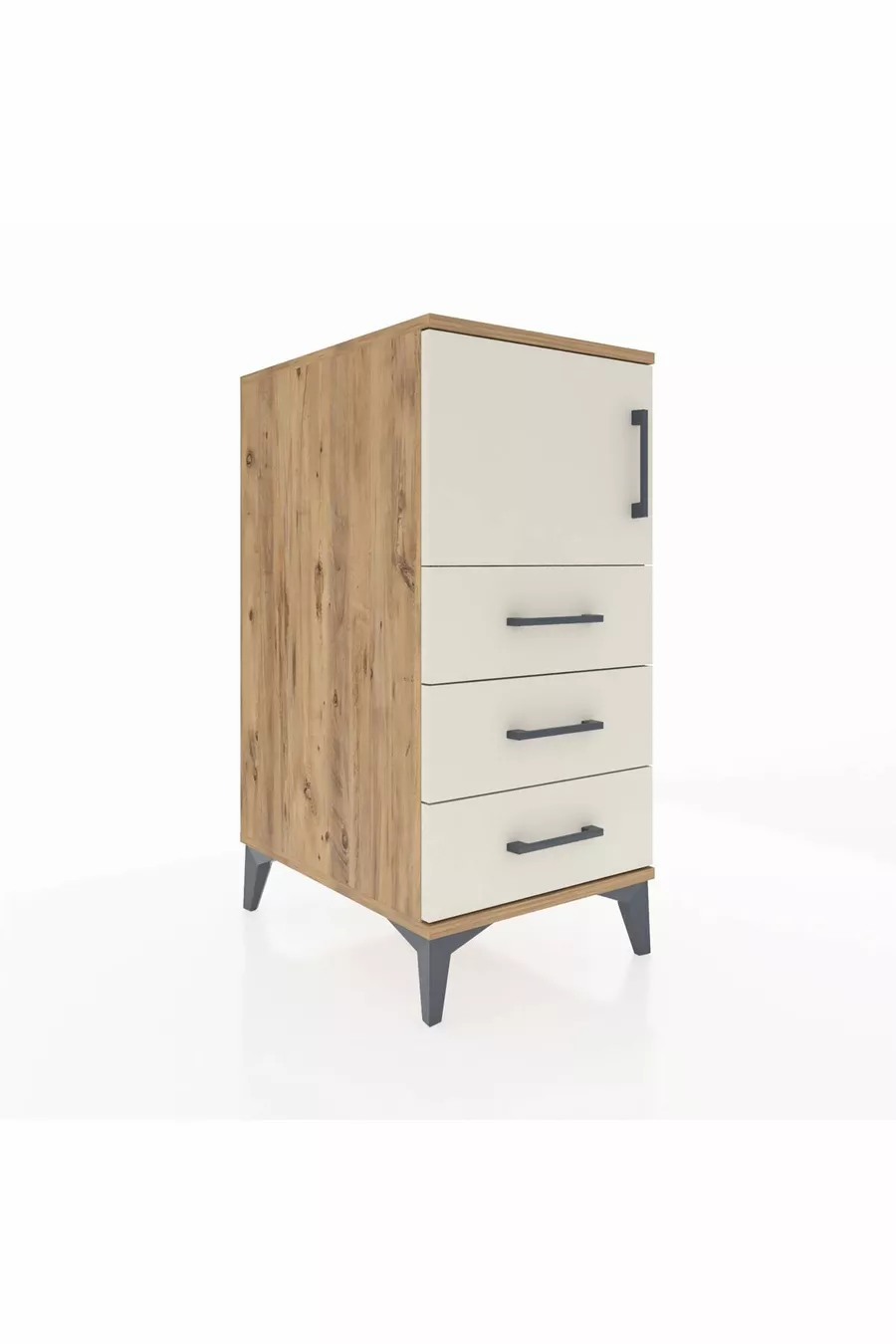 Table de chevet Kronos avec une étagère, 3 tiroirs et une porte, pin-gris