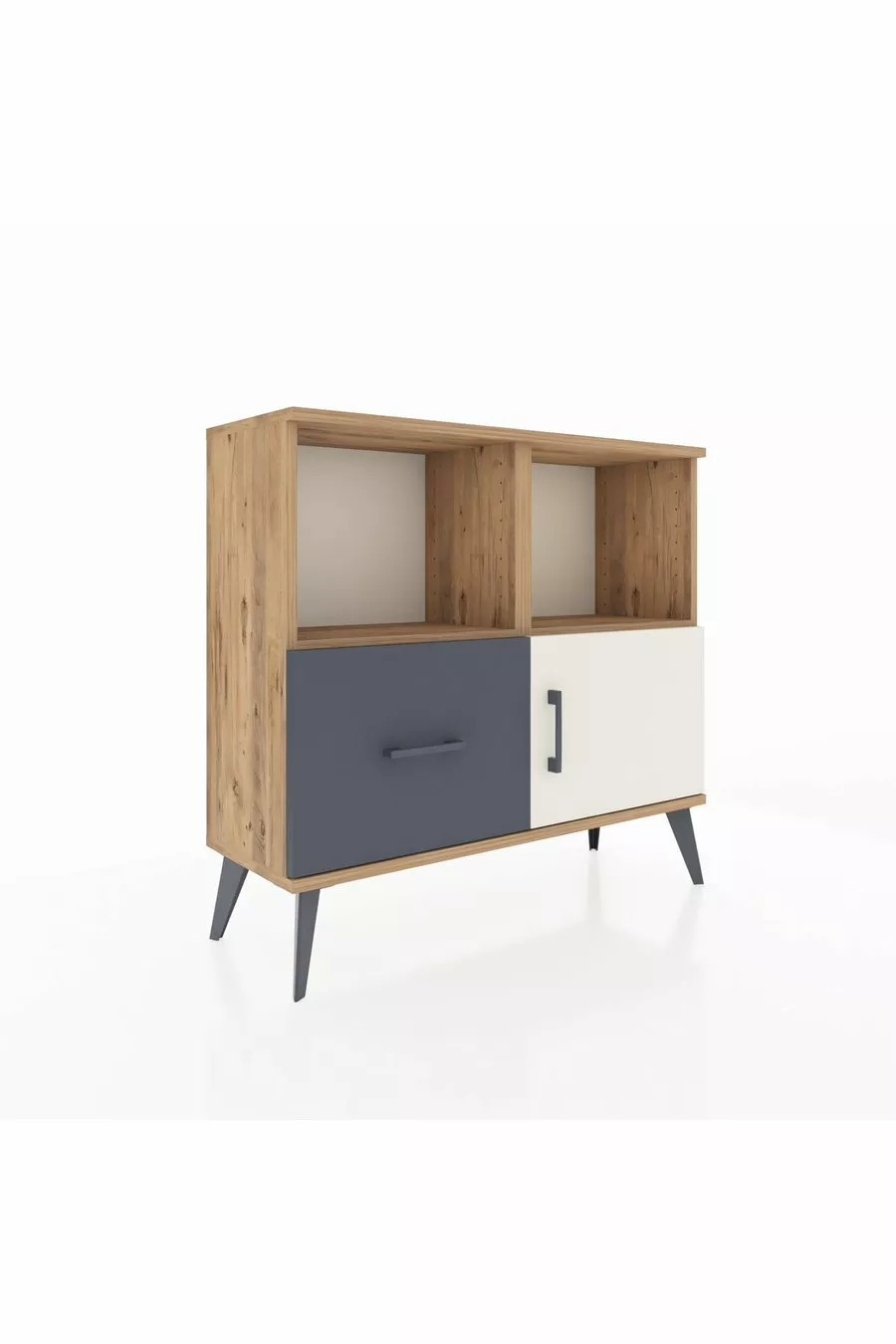 Commode Arges avec 2 étagères, 1 tiroir et 1 porte, en pin-pierre d'âme/antracite