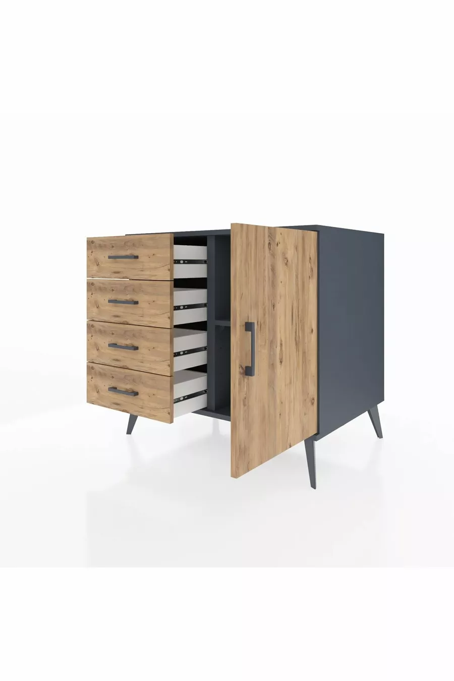 Kronos Commode avec une étagère, 4 tiroirs et une porte, Anthracite-Pin