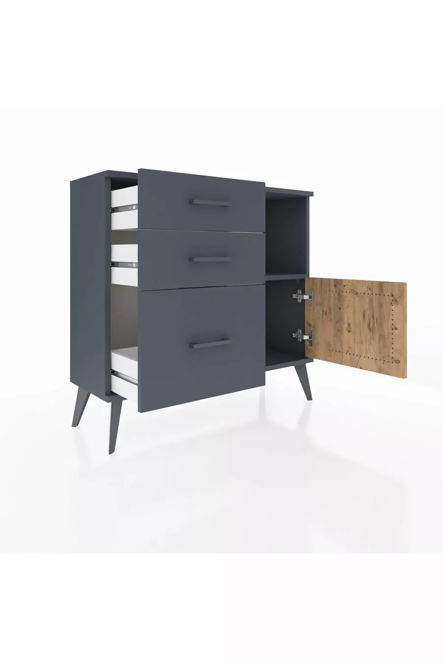 Commode Arges avec une seule étagère, 3 tiroirs et une porte unique Anthracite-Sapin/Anthracite