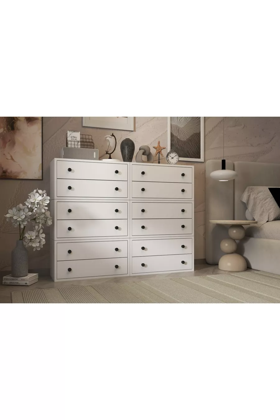 Twelve-Drawer White Dresser with Shelves, Without Strips