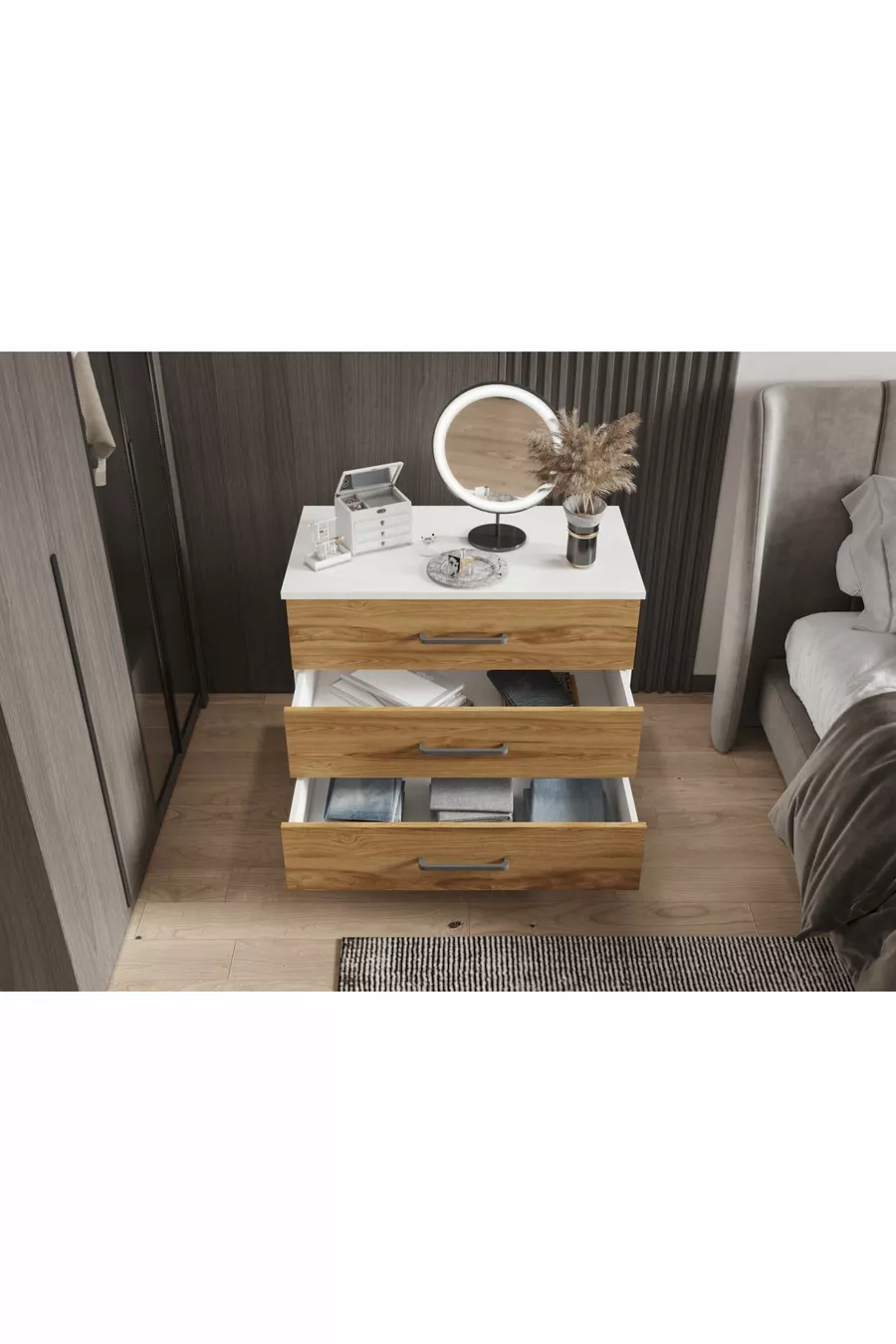 Commode à trois tiroirs (BLANC BRILLANT + BOIS FONCÉ)