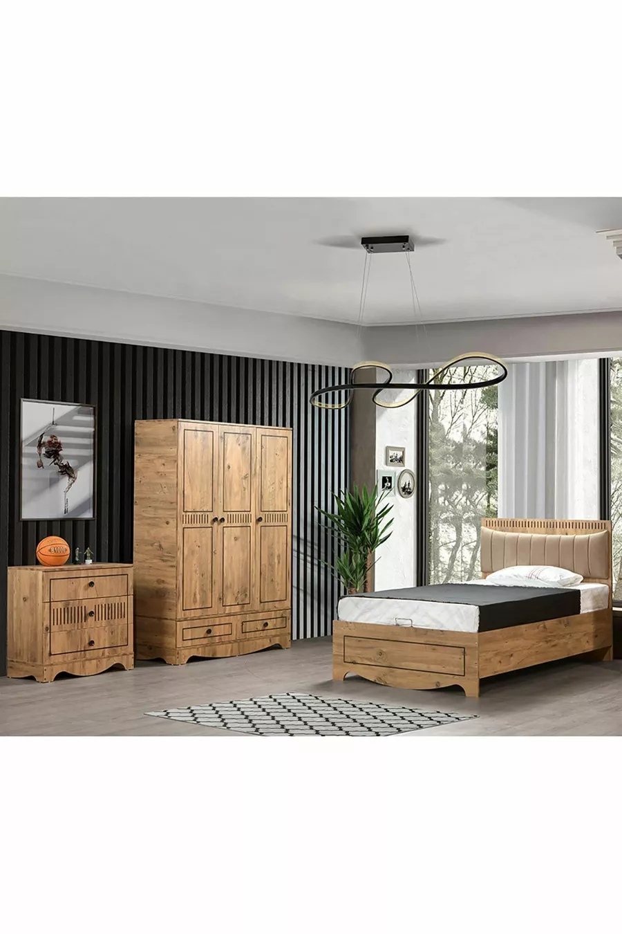 Chambre d'adolescent Papatya - Armoire 3 portes, Lit coffre, Commode - 
