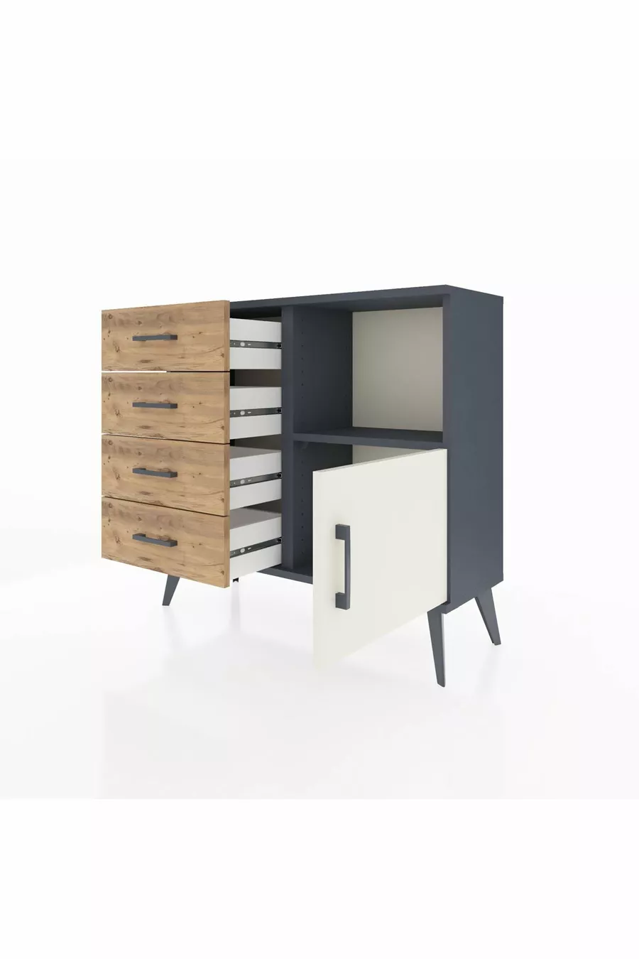 Commode Arges avec une seule étagère, 4 tiroirs et une porte, Anthracite-Pierre de lune/Pin