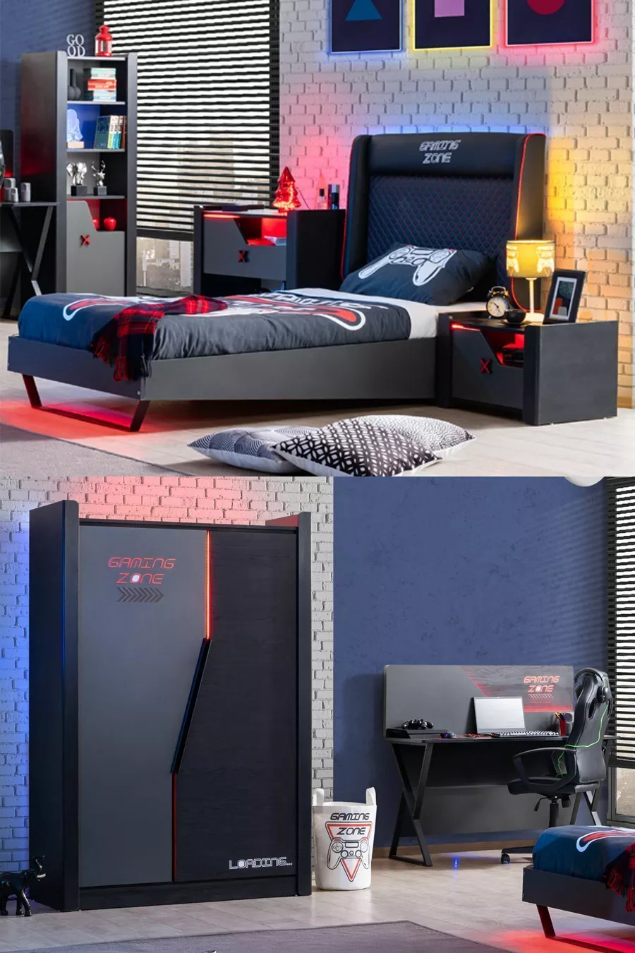 Jugendzimmer mit Gamer-Motiv - 2-türiger Schrank, Bett, Nachttisch, Schreibtisch, Kommode, Bücherregal