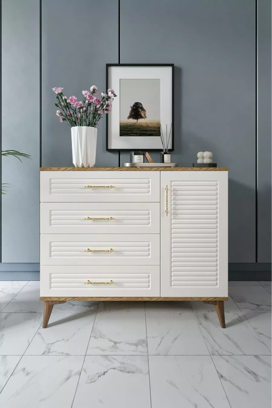 Commode moderne à 4 tiroirs et 1 porte avec volets, design moderne, porte en MDF, bois de noyer écru