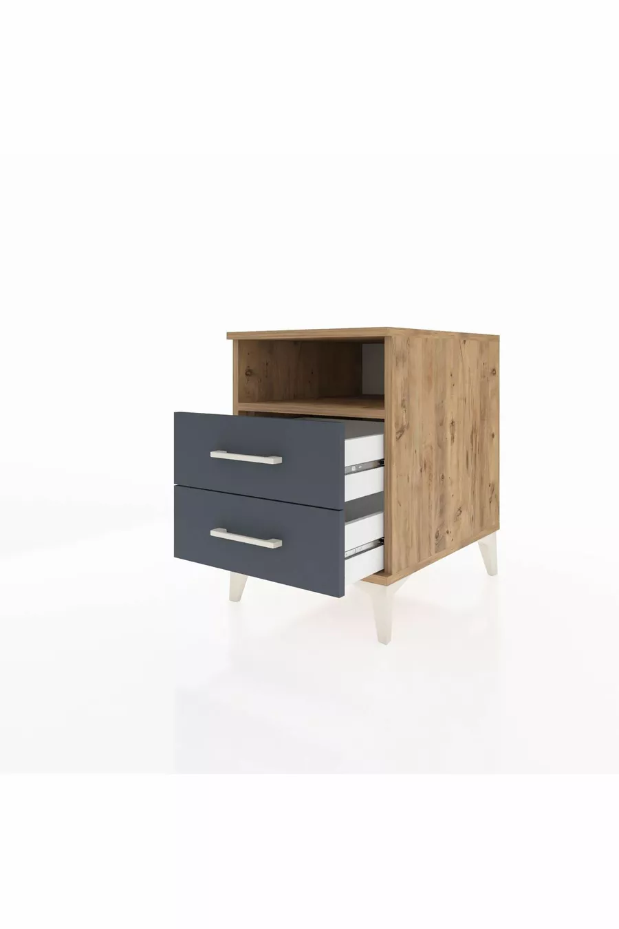 Chevet Kronos à une étagère et deux tiroirs, pin-anthracite
