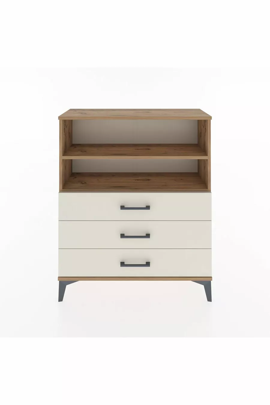 Commode Arges 2 étagères 3 tiroirs Pin-Pierre de lave