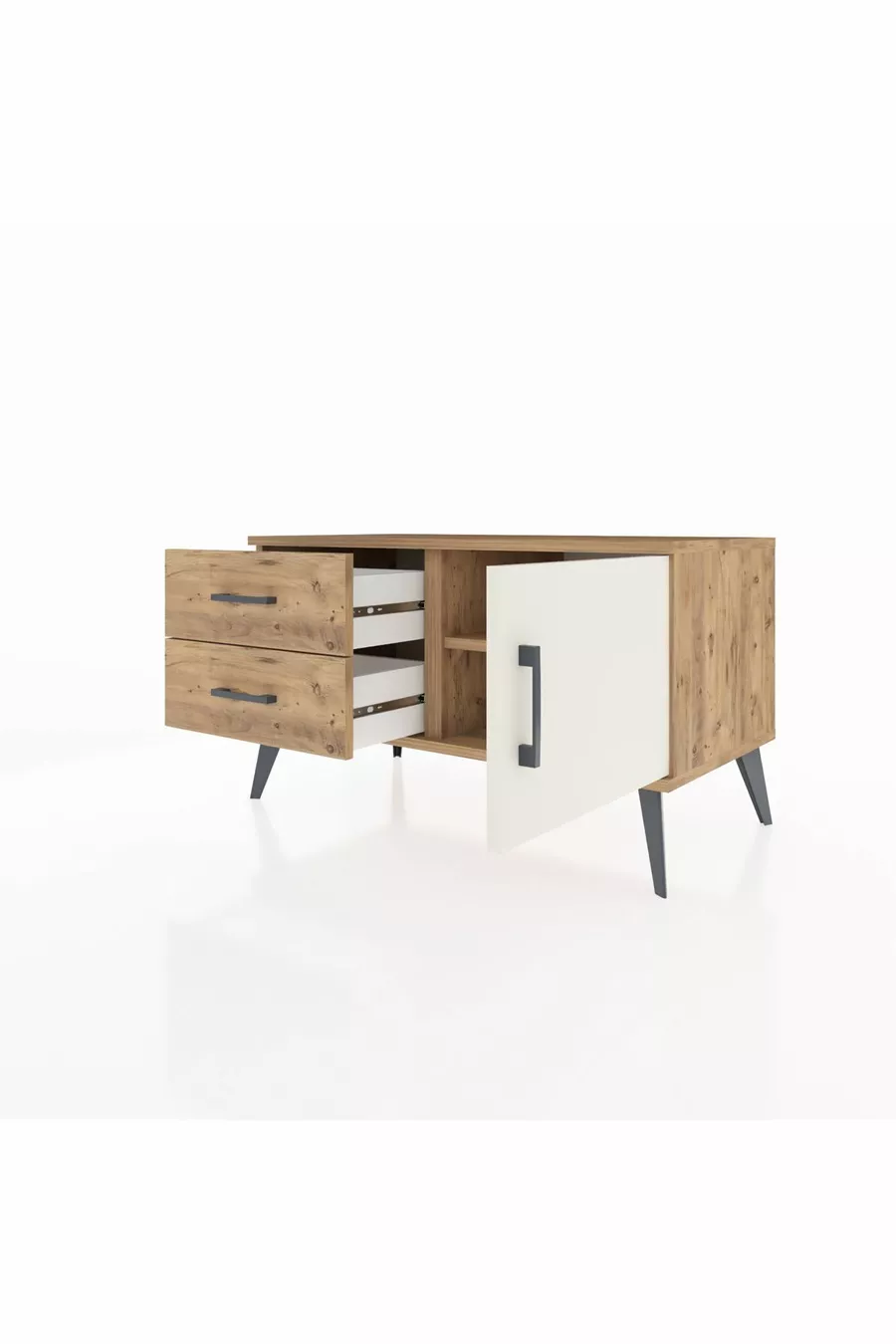 Commode Hyperion avec une étagère, 2 tiroirs et une porte, pin-pierre d'onyx/pin