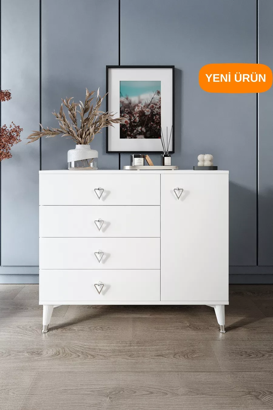 Einfacher moderner Schrank mit 4 Schubladen und 1 Tür in Weiß-Silber