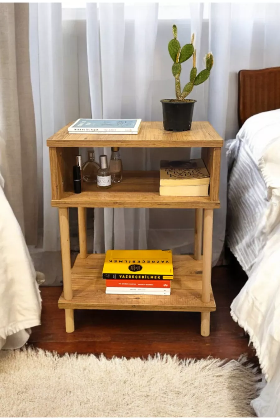 Table de chevet moderne à 2 étagères pour chambre à coucher, organisateur de lit avec pieds en bois