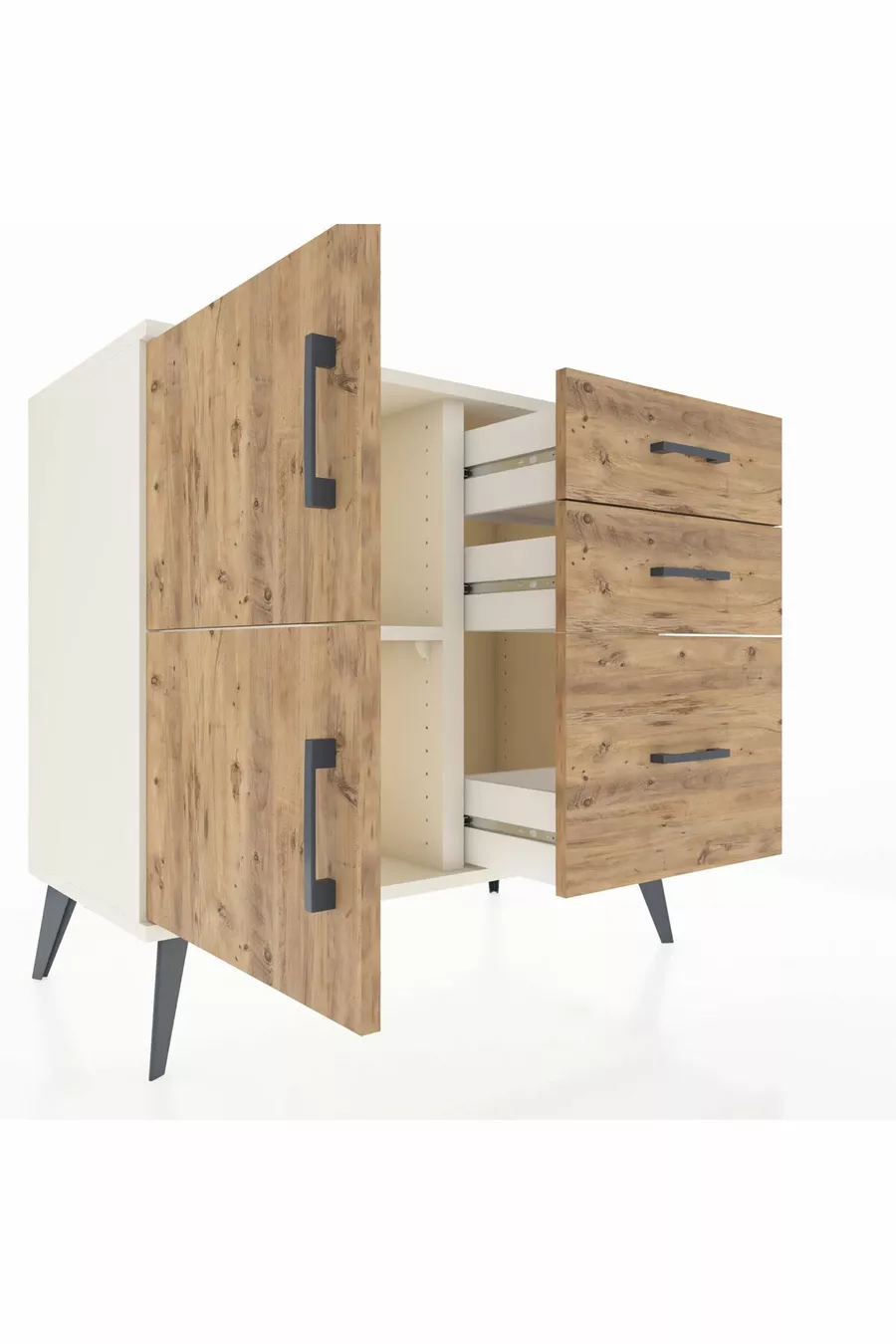 Commode Hyperion à une étagère, 3 tiroirs et 2 portes, Pierre de lune-Pin