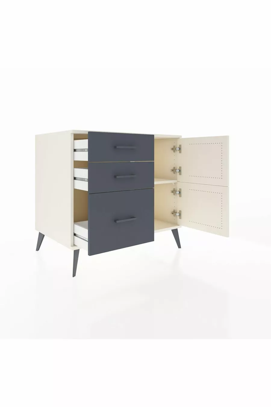 Commode Kronos à un seul étagère, 3 tiroirs, 2 portes, Albâtre/Anthracite