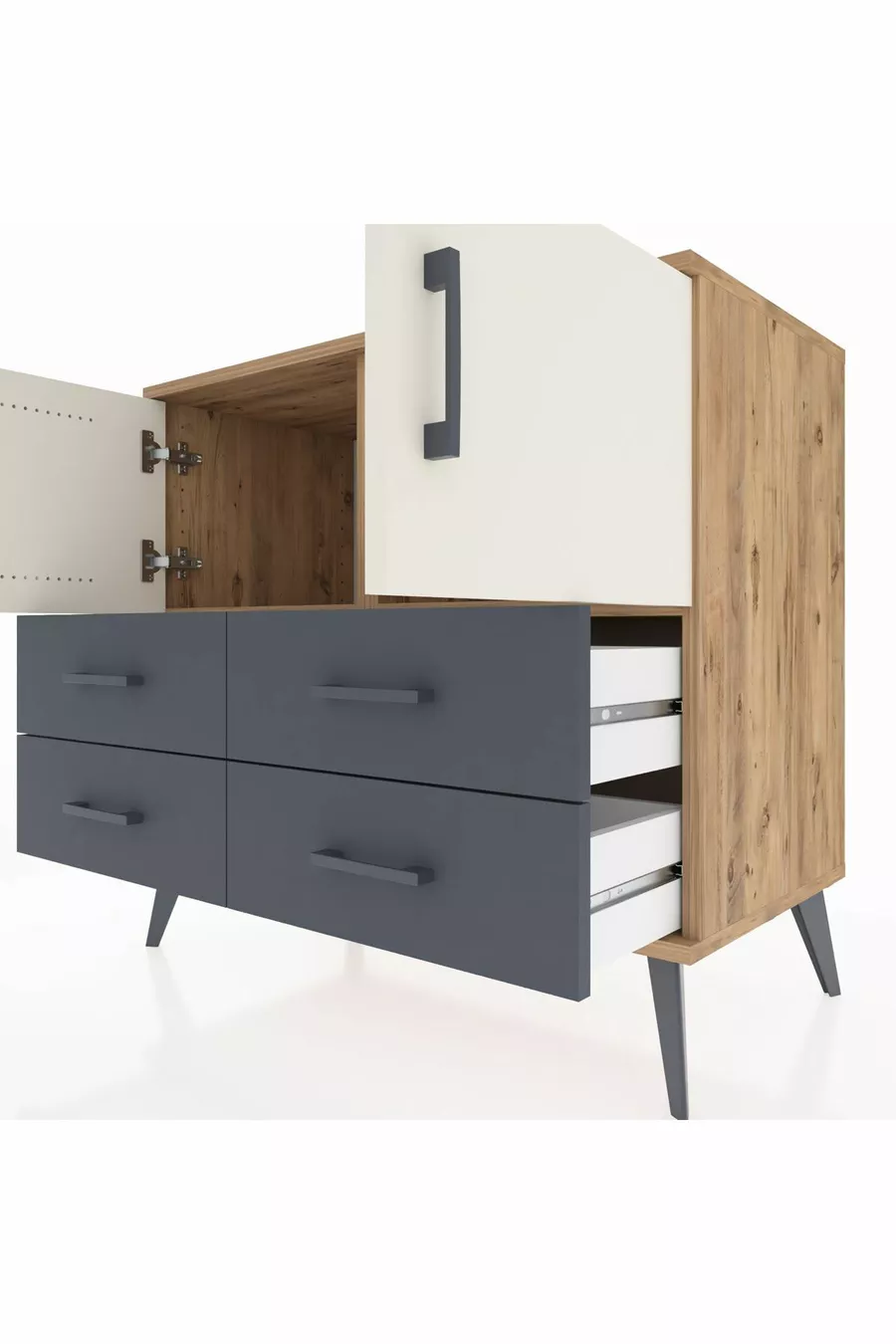 Commode Hyperion 2 étagères 4 tiroirs 2 portes Pin-Marbre/Anthracite