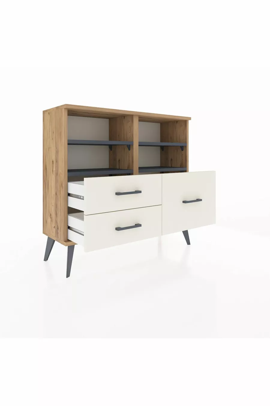 Commode Arges 4 étagères 3 tiroirs Pin-Anthracite/Marbre