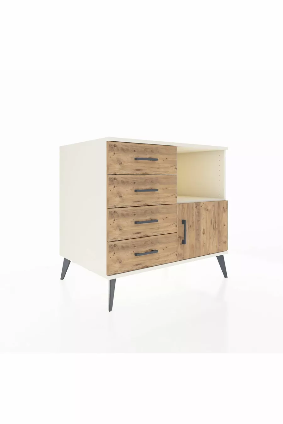 Commode Kronos avec une étagère, 4 tiroirs et une porte, Pierre de Lune-Pin