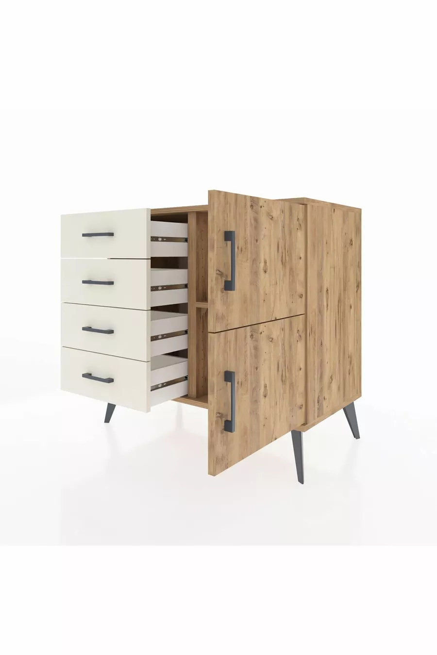 Hyperion Dressoir Met Één Plank, 4 Lades, 2 Deuren, Dennenhout-Dennenhout/Agaatsteen
