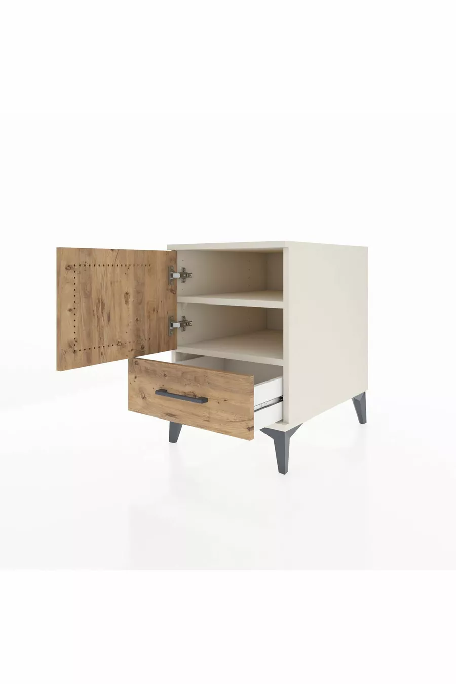 Kronos Table de chevet avec 2 étagères, 1 tiroir et 1 porte, Pierre de Lune-Pin