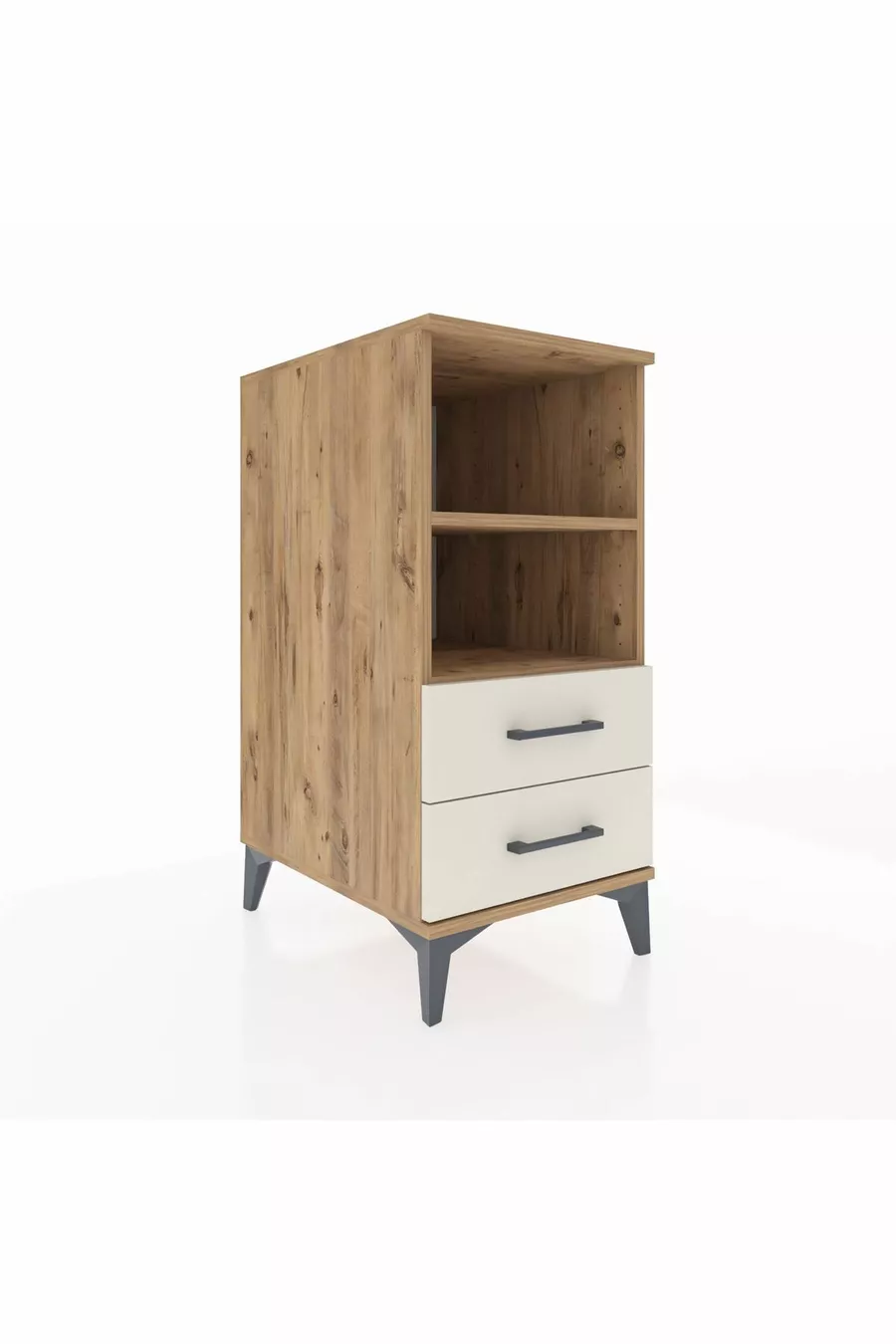 Table de chevet Kronos avec 2 étagères et 2 tiroirs, pin-granit