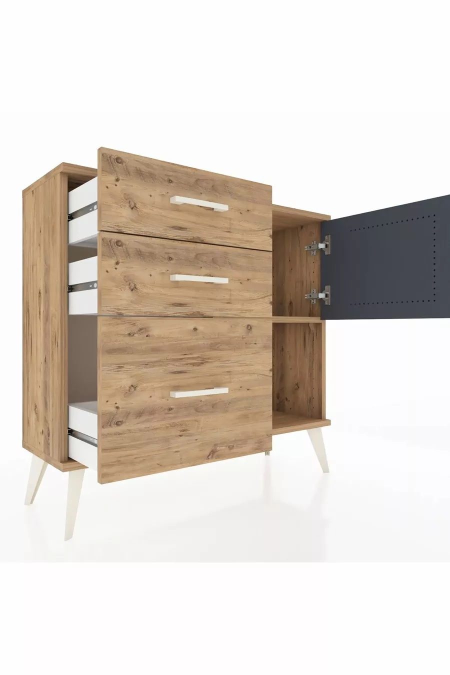 Commode Arges avec une étagère, 3 tiroirs et une porte, pin-anthracite/pin