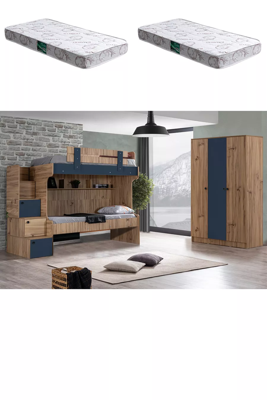 Hochbett, Riva Etagenbett mit 2 Betten + 3-türiger Schrank + 2 Komfortmatratzen