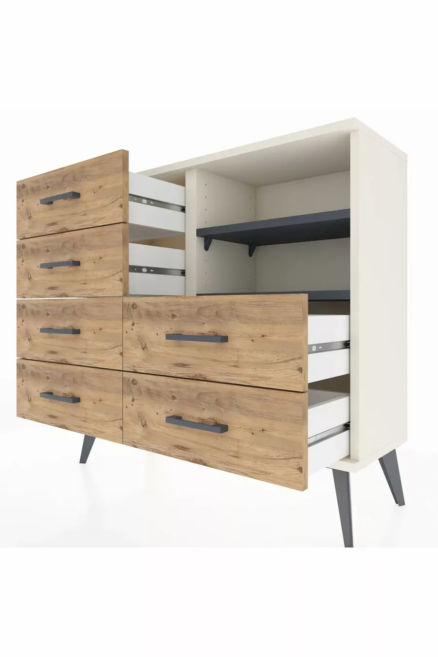 Commode Arges 2 étagères 6 tiroirs Pierre de lune-Anthracite/Sapin