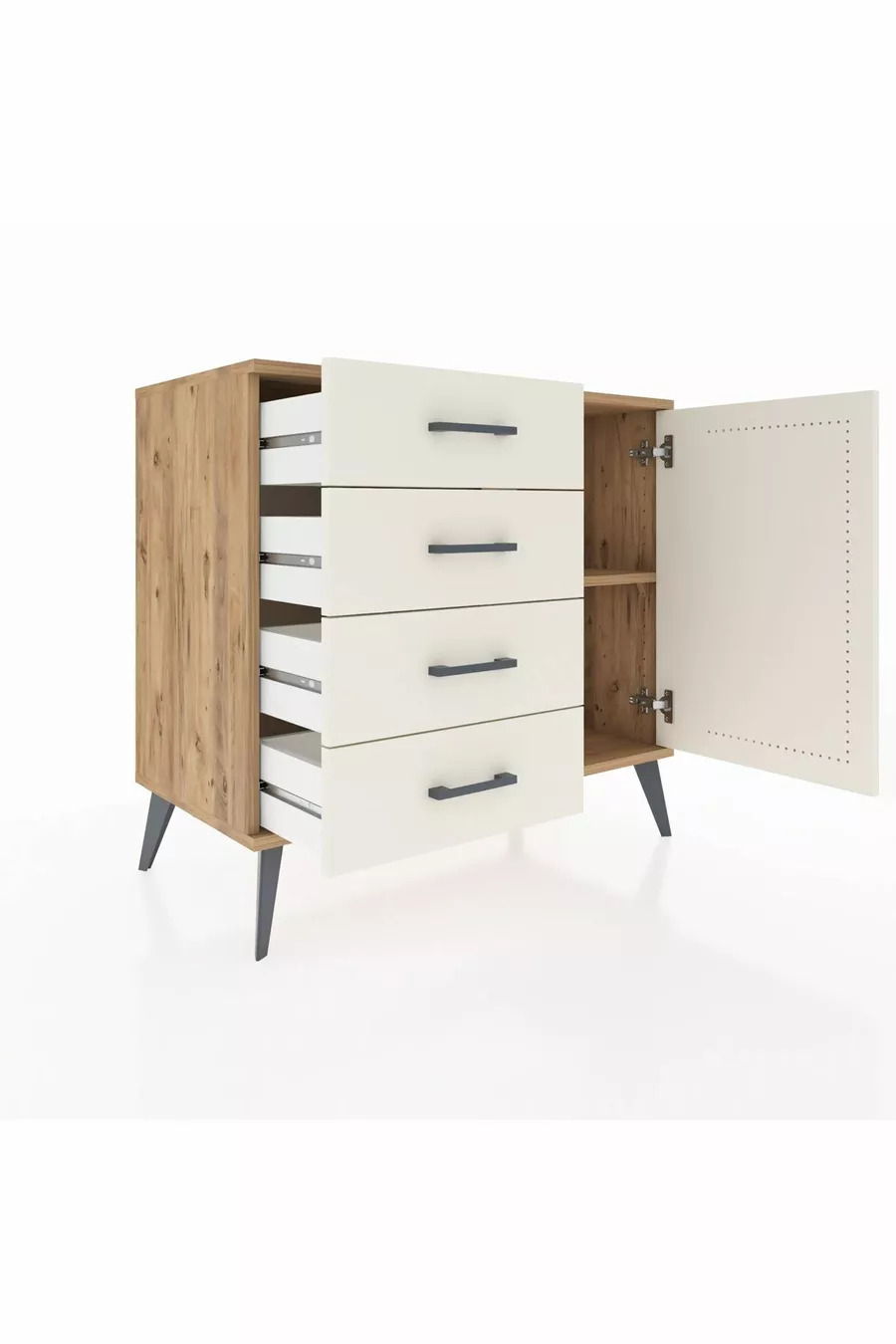 Commode Hyperion à une étagère, 4 tiroirs et une porte, pin et pierre de lune