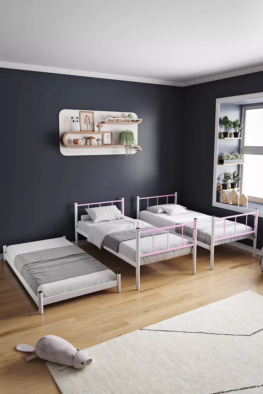 Letto a castello Tekno con cassetti, compatibile per 3 persone, colore rosa chiaro, in metallo