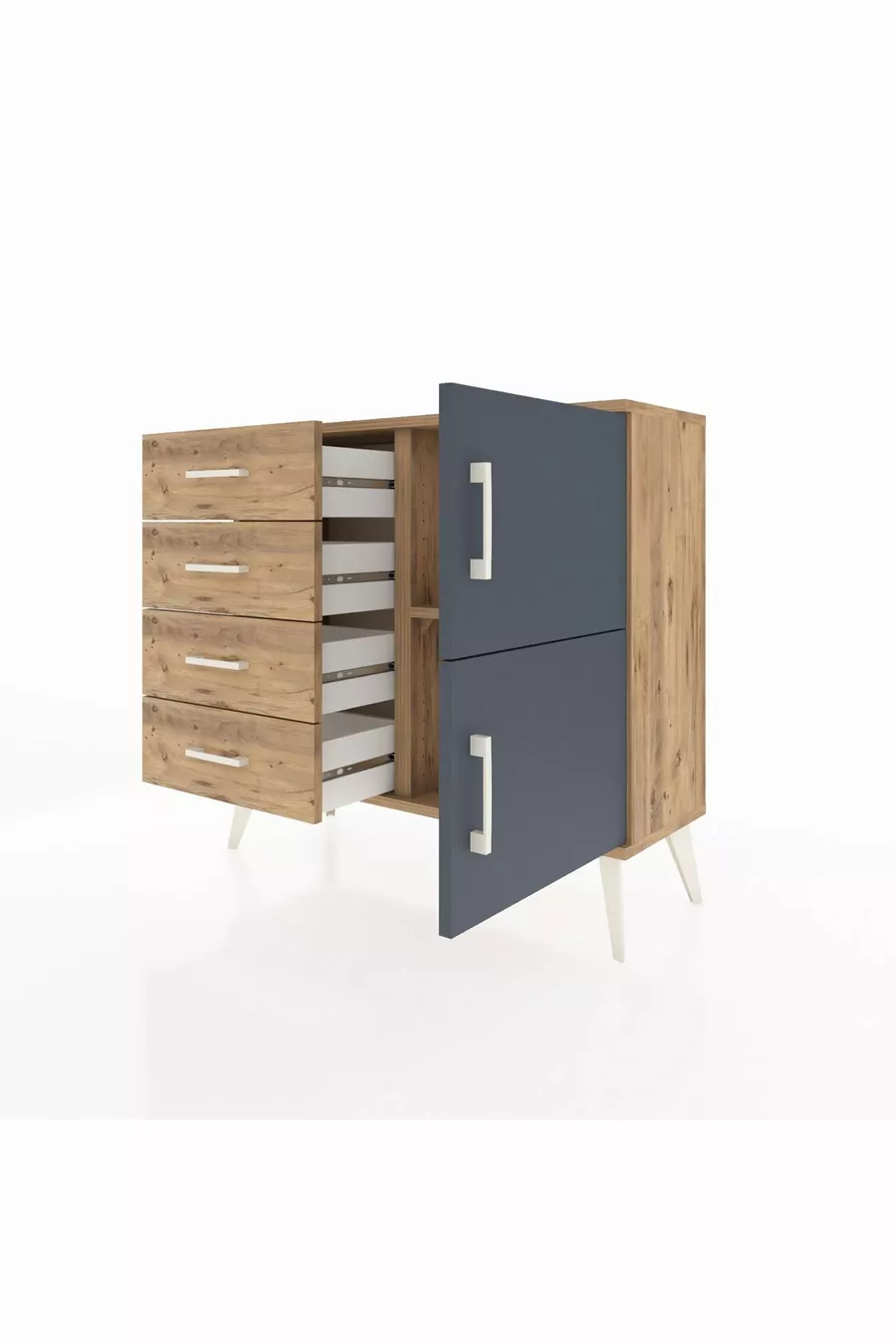 Commode Arges avec une seule étagère, 4 tiroirs et 2 portes, Pin-Anthracite/Pin