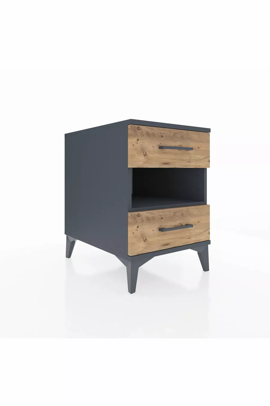 Table de chevet Kronos avec une étagère et 2 tiroirs Anthracite-Bois de pin