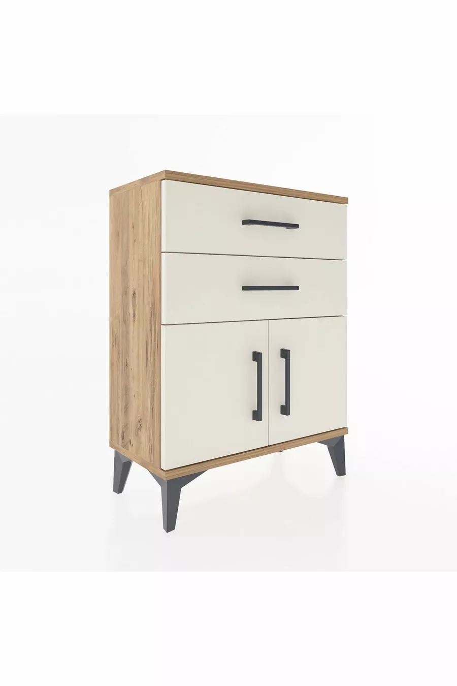 Table de chevet Arges avec une étagère, 2 tiroirs et 2 portes, pin-ambre