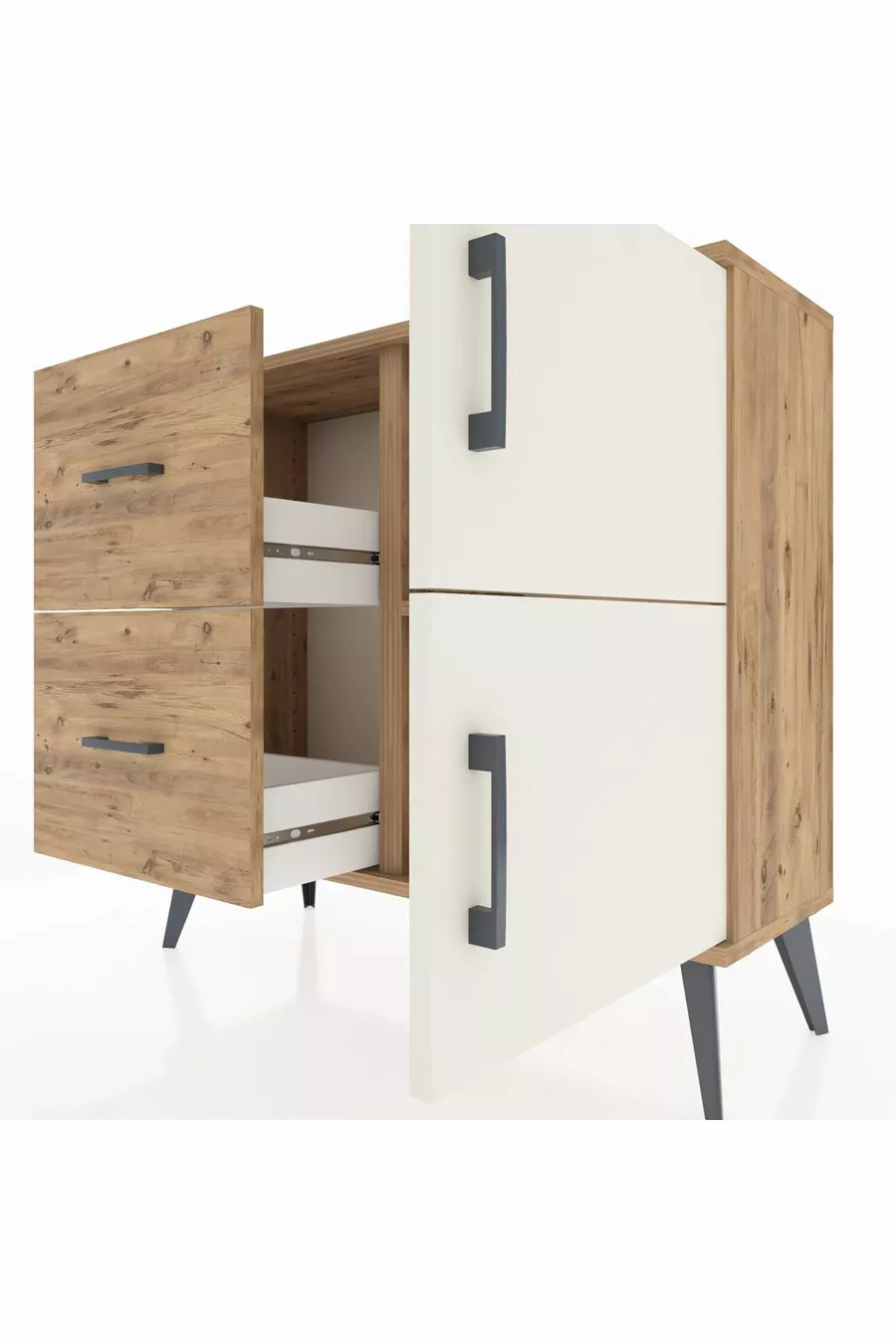 Commode Arges avec une seule étagère, 2 tiroirs et 2 portes, en pin-pierre d'âme/pin