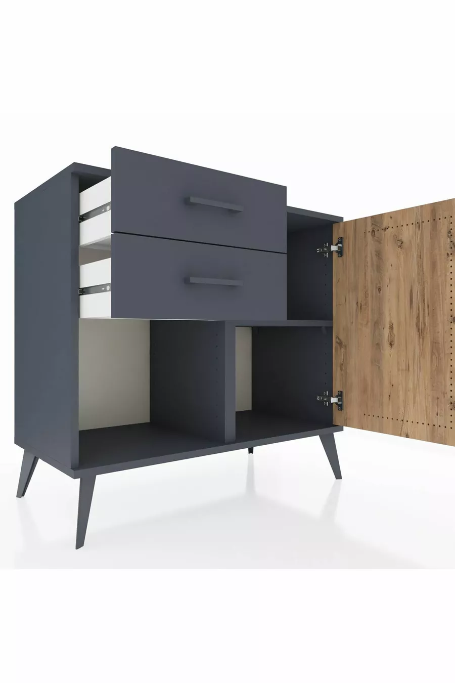 Commode Hyperion à une étagère, deux tiroirs et une porte, anthracite-pin/anthracite