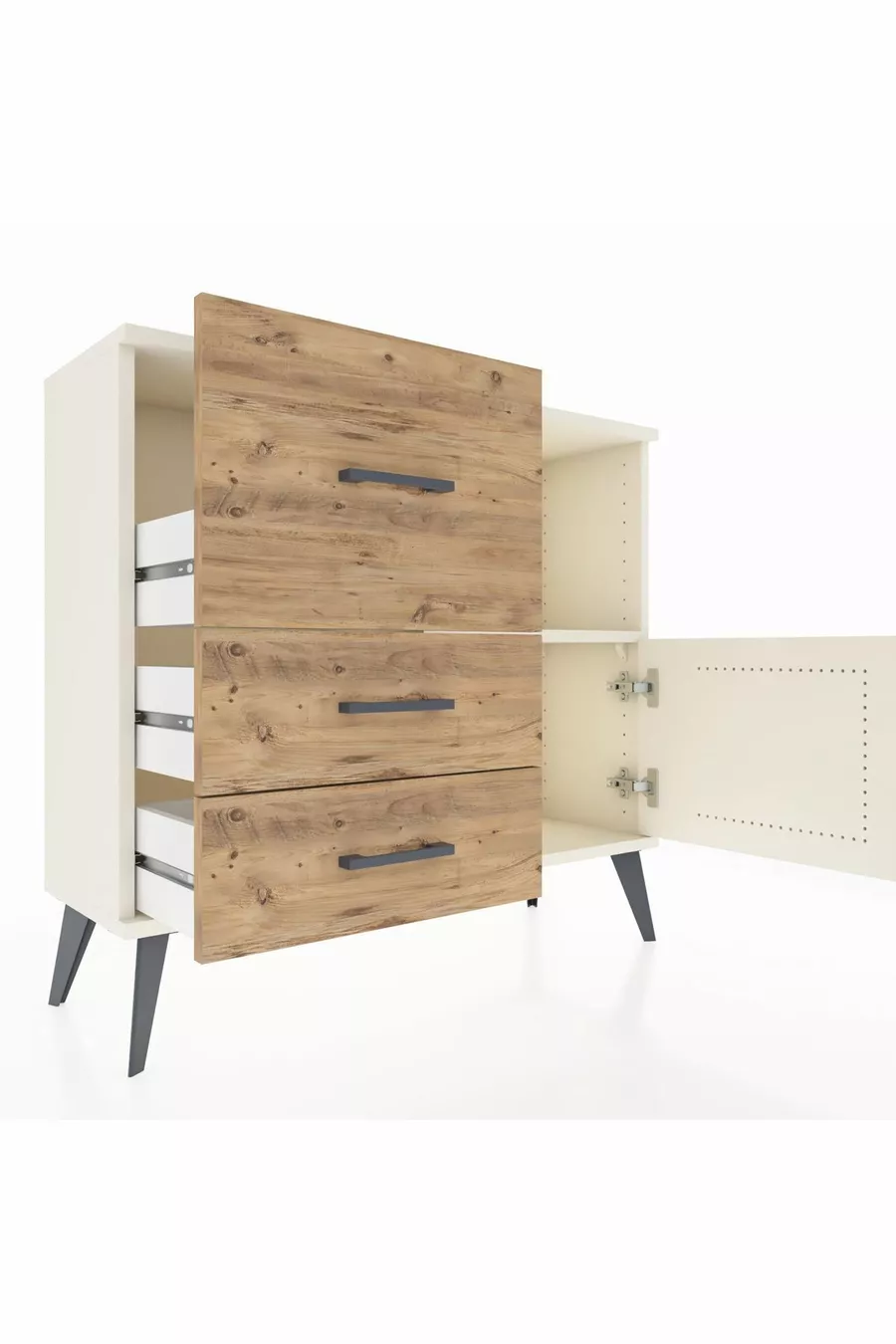 Commode Arges avec une seule étagère, 3 tiroirs et une porte, couleur Pierre de Lune/Pin