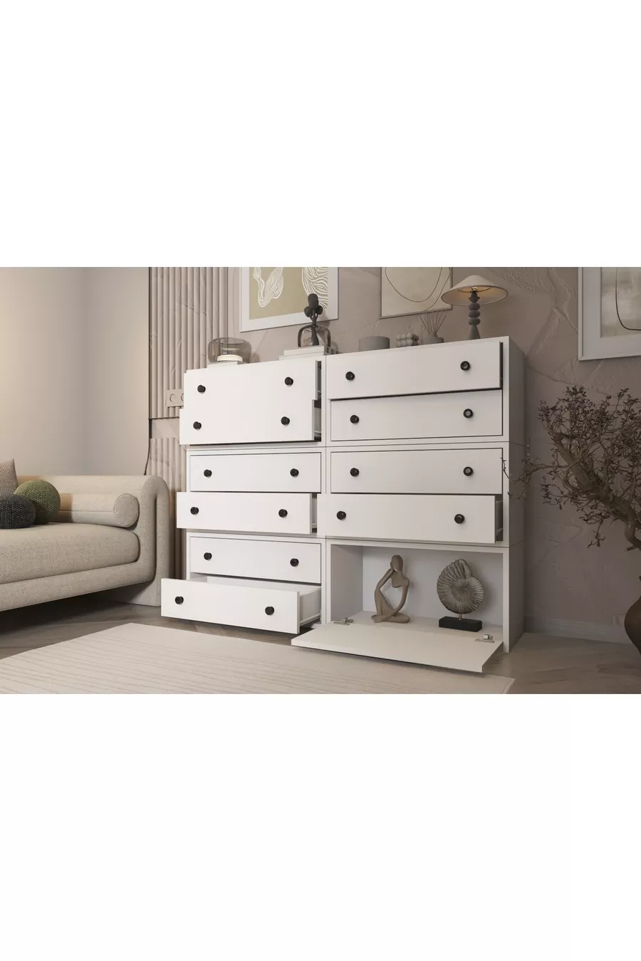 Commode blanche à dix tiroirs avec portes sans lattes