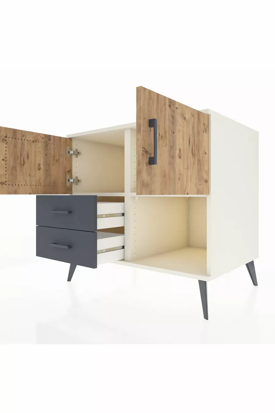 Commode Kronos avec 2 étagères, 2 tiroirs et 2 portes, Pierre de Lune-Pin/Anthracite