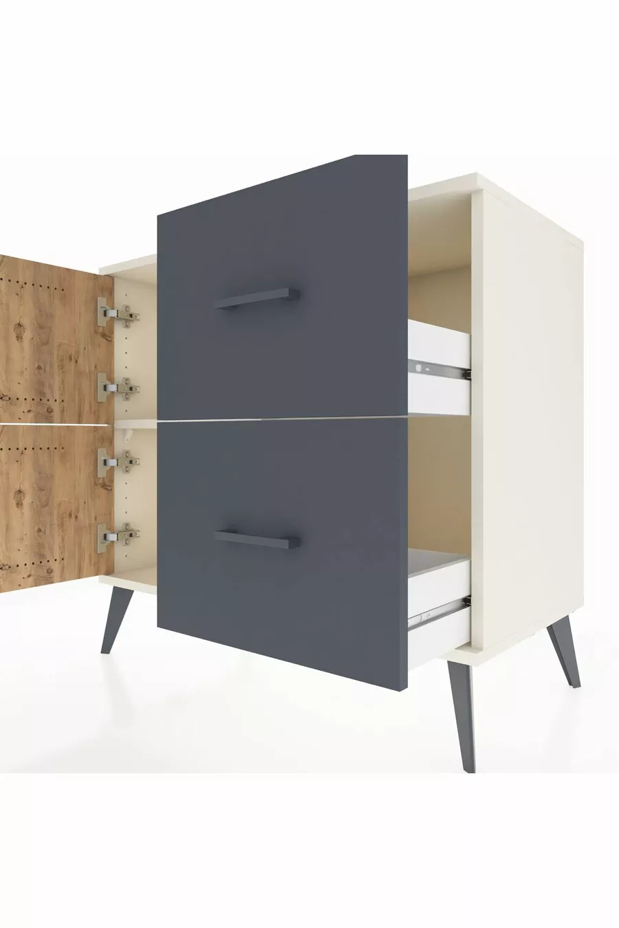 Commode Hyperion à une étagère, 2 tiroirs, 2 portes, Pierre de Lune-Pin/Anthracite