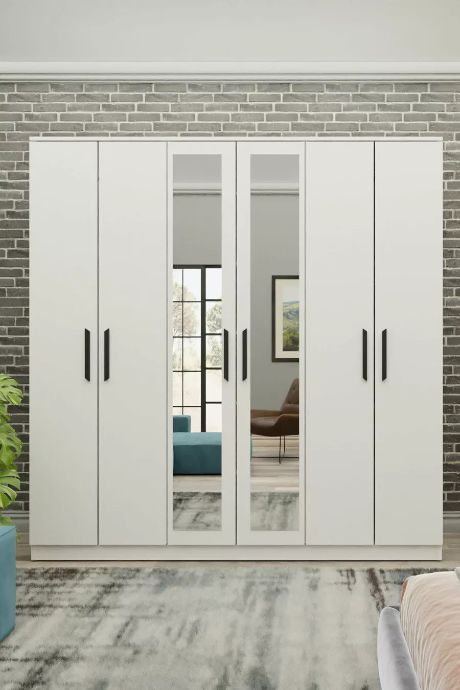 Gm  Placard préféré à 6 portes avec miroir, blanc et noir avec poignées
