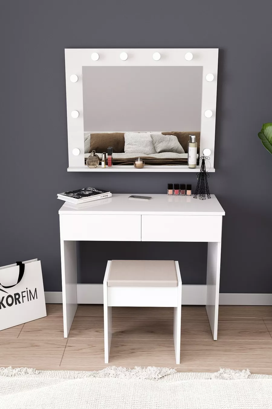 B LED Verlichte Spiegel Organizer Make-up Tafel met Kruk en Ladeverdeling, Cosmetisch Bureau