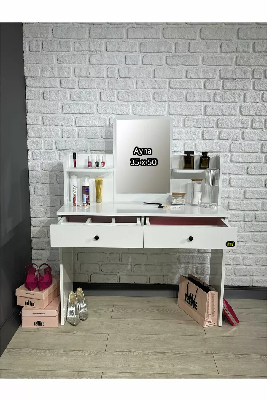 Tavolo da Trucco con Specchio, Tocador con 2 Cassetti, Organizer per Gioielli e Mensola, Bianco, cm