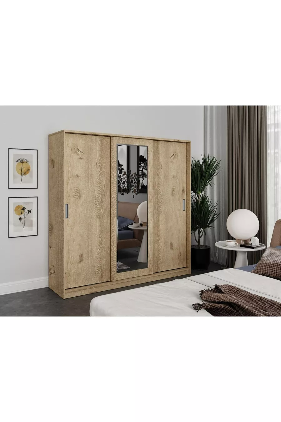 Armadio con Specchio Scorrevole a 3 Ante Samira - Interamente in MDF Rovere