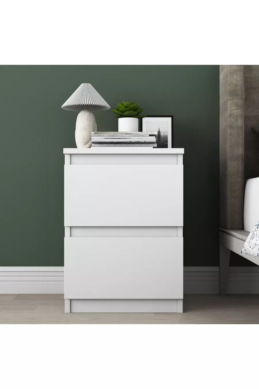 Table de chevet Rani pour chambre à coucher avec 2 tiroirs, blanche